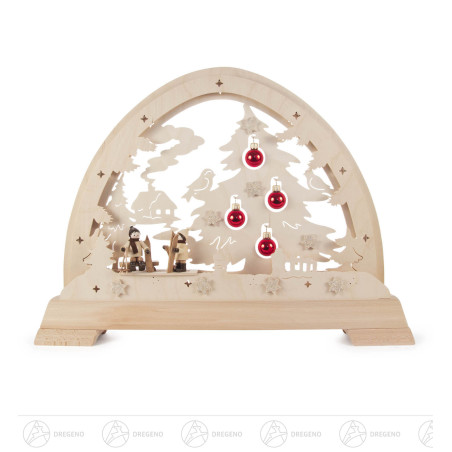 Rundbogen mit Skifahrer, Weihnachtsbaum und roten Kugeln, elektr.Bel./ LED Band 36x49cm
