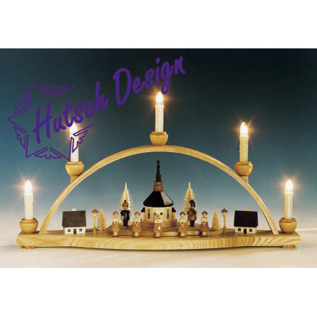 Schwibbogen Seiffener Kirche mit Laternenkinder  natur elektr. Beleuchtet B51cm