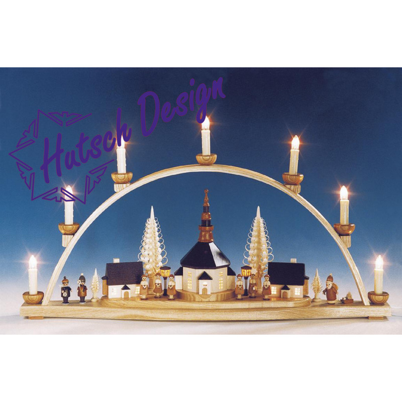 Schwibbogen Seiffener Kirche mit beleuchteten Laternen elektr. beleuchtet  B 66 cm