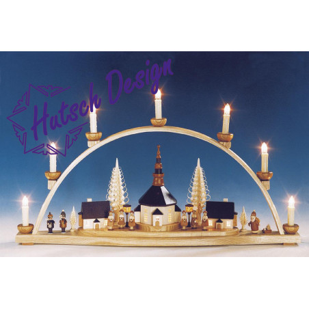 Schwibbogen Seiffener Kirche mit beleuchteten Laternen elektr. beleuchtet  B 66 cm