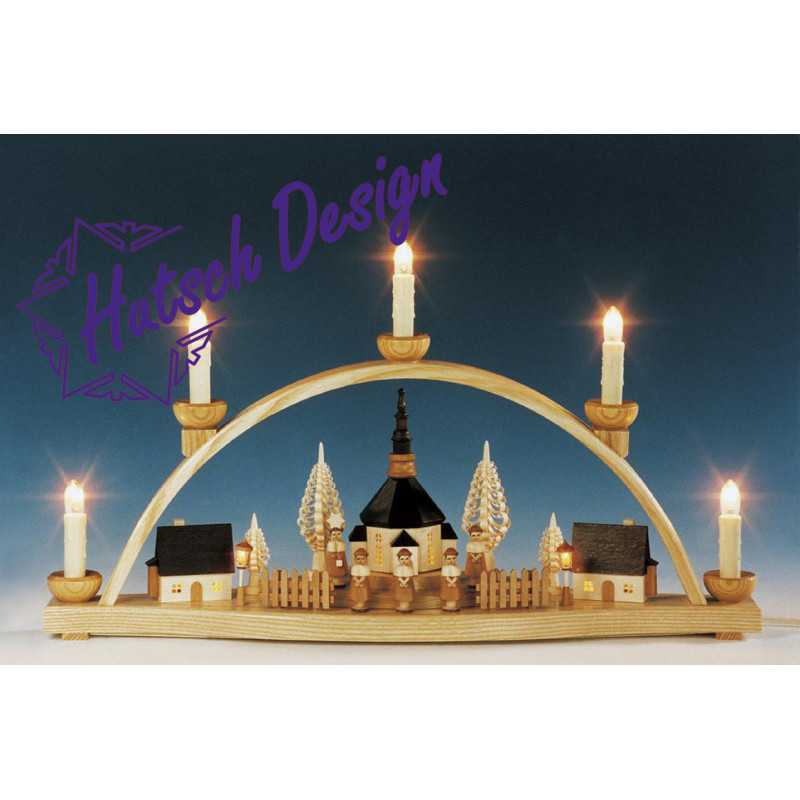 Schwibbogen Seiffener Kirche mit beleuchteten Laternen elektr. beleuchtet  B 51cm