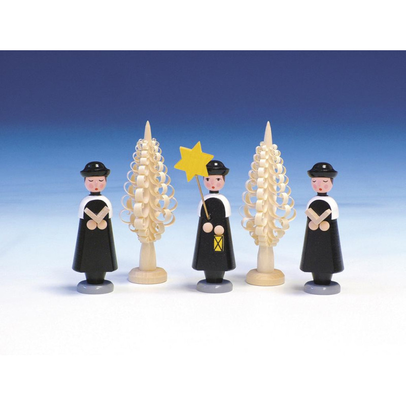 3 Kurrendesänger bunt  Höhe 10 cm mit 2 Spanbäumen ca. 10 cm