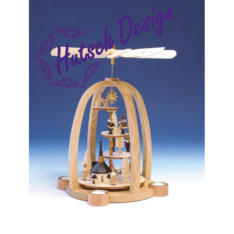 Teelichtpyramide Treppe m. Reh  Seiffener Kirche mit Kurrende u. Laternenkindern 40cm