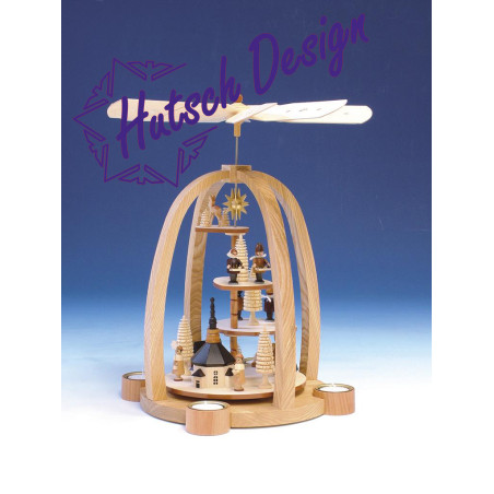 Teelichtpyramide Treppe m. Reh  Seiffener Kirche mit Kurrende u. Laternenkindern 40cm