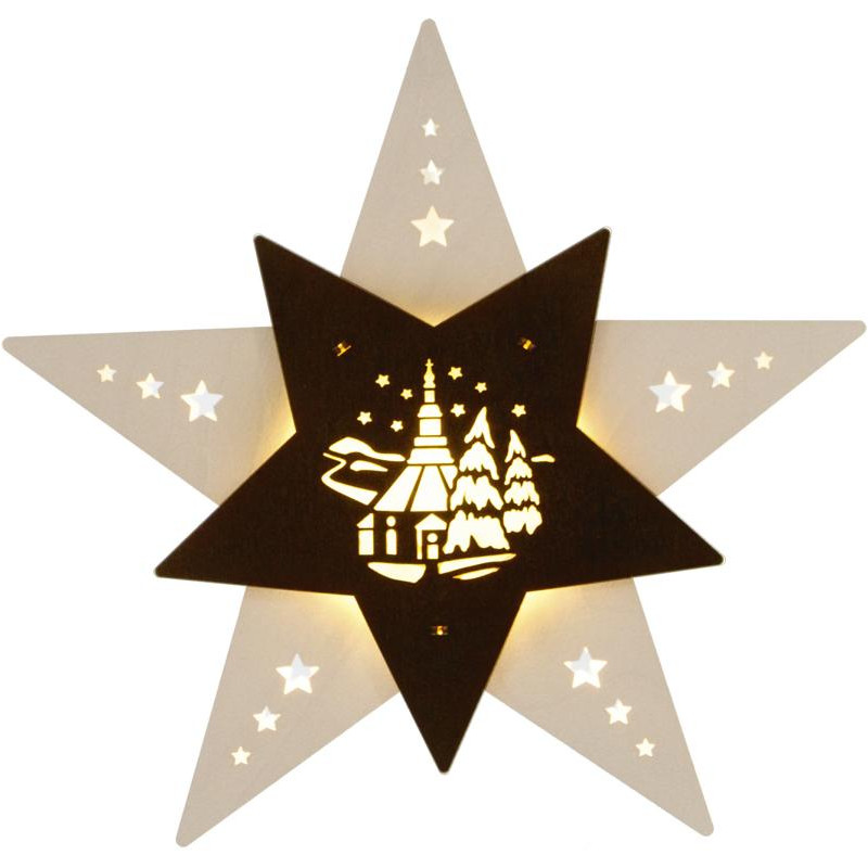 Fensterbild Stern Seiffener Kirche weiß/braun LED 30,5 x 29,0 x 6,0 cm