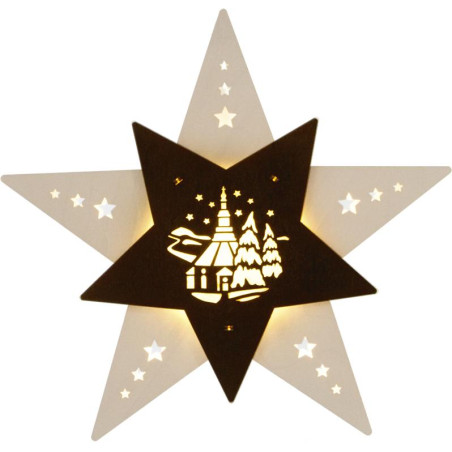 Fensterbild Stern Seiffener Kirche weiß/braun LED 30,5 x 29,0 x 6,0 cm