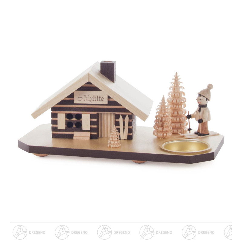 Räucherhaus Skihütte mit Skifahrer, für Teelicht