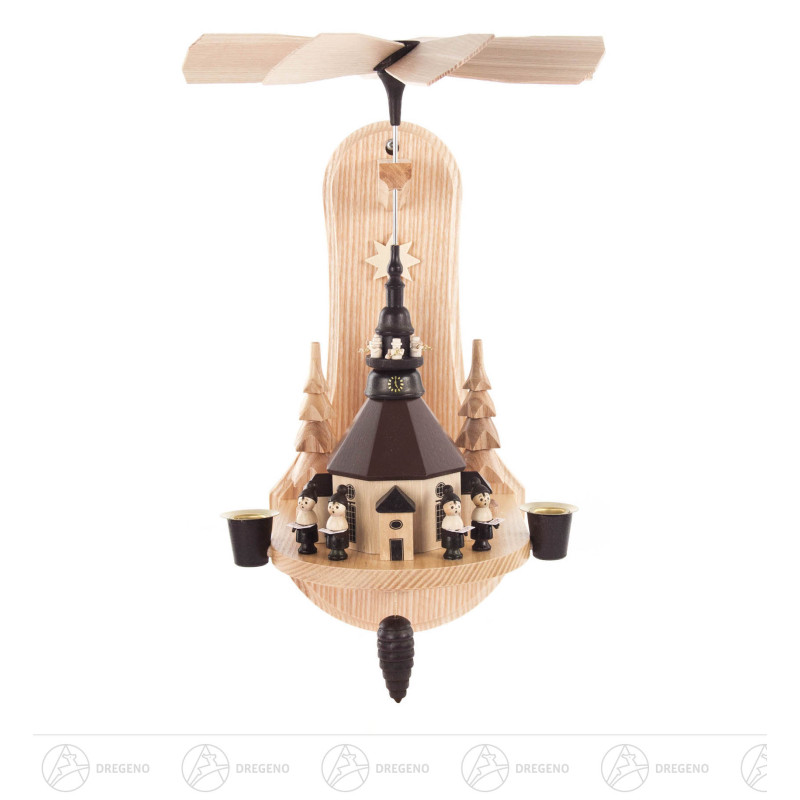 Wandpyramide mit Seiffener Kirche, Kurrende und Turmbläsern, für Kerzen d14mm