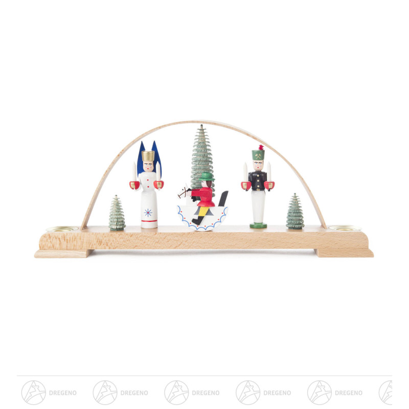 Schwibbogen mit Engel, Bergmann und Reiterlein, farbig, für Kerzen d14mm