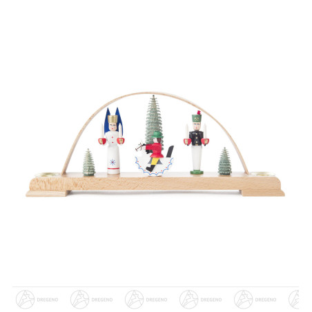 Schwibbogen mit Engel, Bergmann und Reiterlein, farbig, für Kerzen d14mm