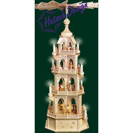 Pyramide Gotik, gesägt, Naturholz, Christi Geburt, 4-st., elektr. beleuchtet und betrieben  90 cm