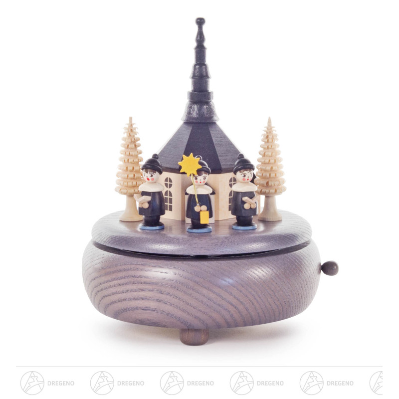 Spieldose mit Seiffener Kirche und Kurrende, grau Melodie: Süßer die Glocken