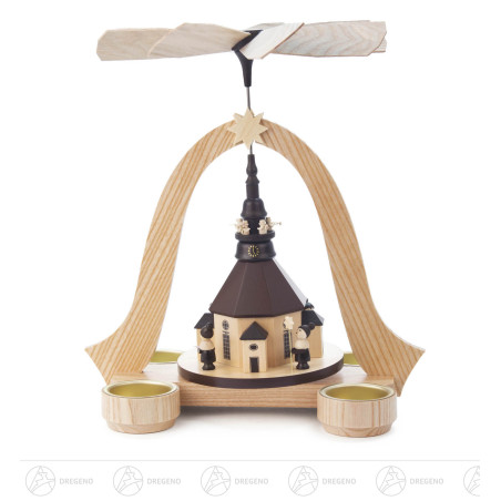Pyramide mit Seiffener Kirche, Kurrende und Turmbläsern, für Teelichte