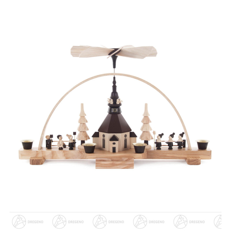 Pyramidenschwibbogen mit Seiffener Kirhe, Laternenkindern und Kurrende, für Kerzen d14mm 22x38cm