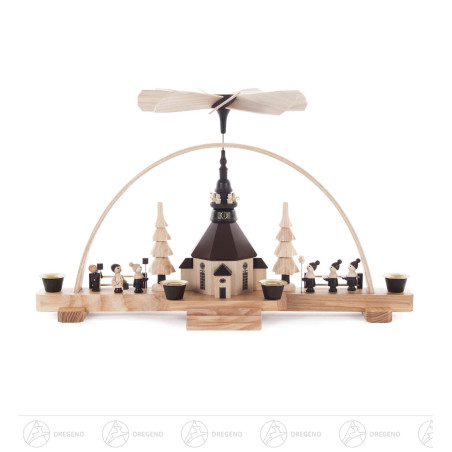 Pyramidenschwibbogen mit Seiffener Kirhe, Laternenkindern und Kurrende, für Kerzen d14mm 22x38cm