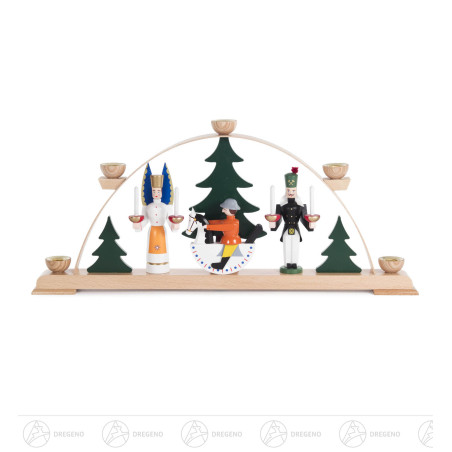 Schwibbogen mit Engel, Bergmann und Reiterlein, farbig, für Kerzen d14m 20 x45cm