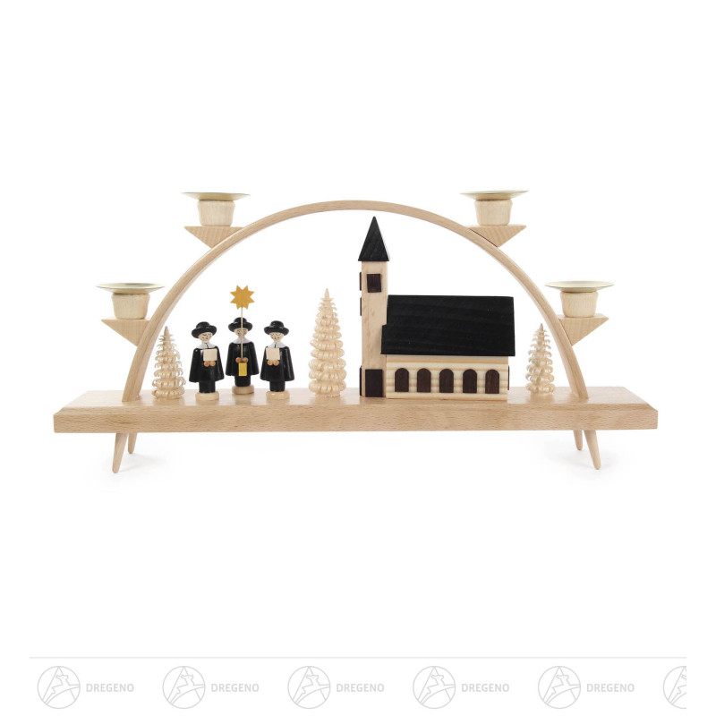 Schwibbogen mit Kirche und Kurrende, für Kerzen d14mm 16x35cm