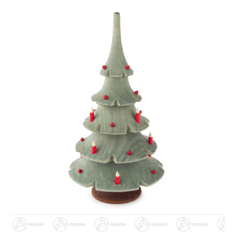 Weihnachtsbaum groß, grün lasiert mit Kugeln und Kerzen