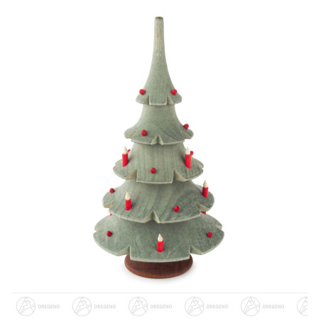 Weihnachtsbaum groß, grün lasiert mit Kugeln und Kerzen
