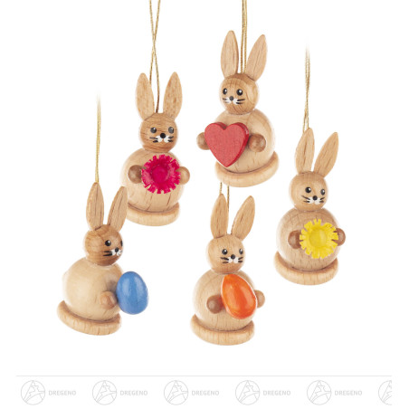 Behang Mini-Hasen (6) sortiert (je 2 Stück mit Ei,Blume,Herz) 3cm