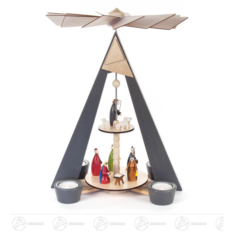 Pyramide mit Christi Geburt grau und farbigen Figuren, 2-stöckig, für Teelichte