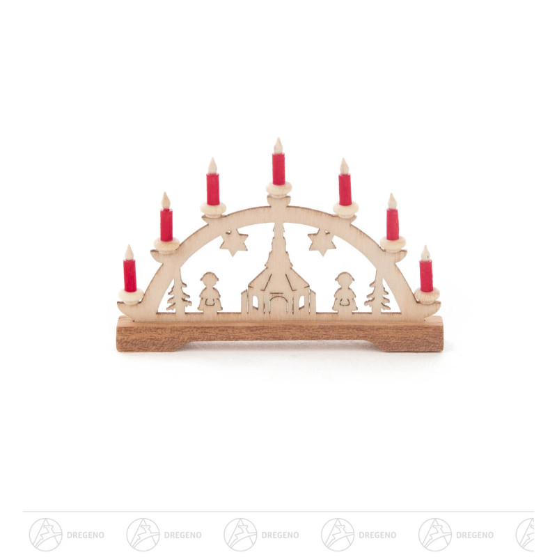 Mini Schwibbogen Kirche, rote Kerzen 4x7cm