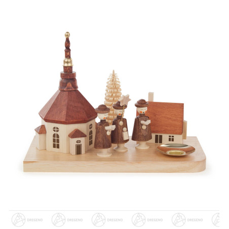 Kerzenhalter mit Seiffener Kirche, Haus und Kurrende, für Kerze d14mm