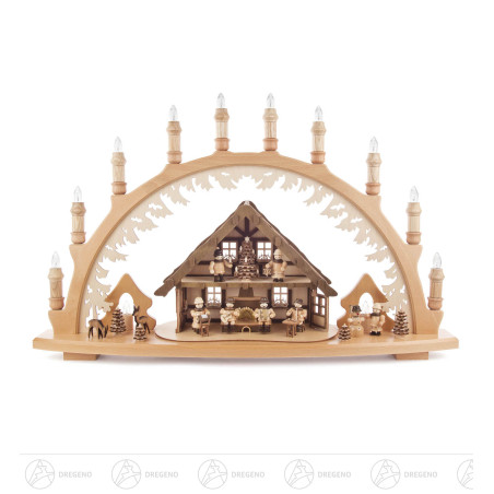Schwibbogen Hutzenstube mit Figuren und elektr. Beleuchtung 42x66cm