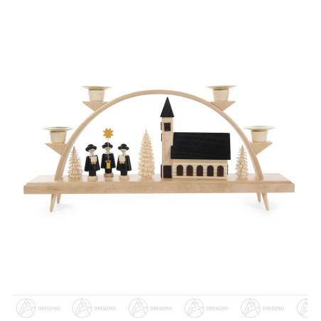 Schwibbogen mit Kirche und Kurrende, für Kerzen d14mm 16x35cm