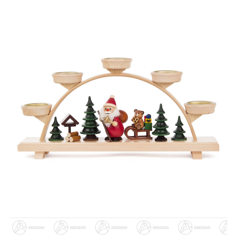 Schwibbogen mit Weihnachtsmann und Bär farbig für Teelichte 16x32cm