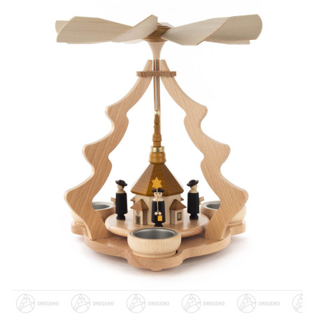 Pyramide mit Seiffener Kirche und Kurrende, für Teelichte